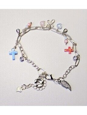 Loaded Cross Charm Bracelet Lab Opals Silver Adjustable To 9 Inches NWT